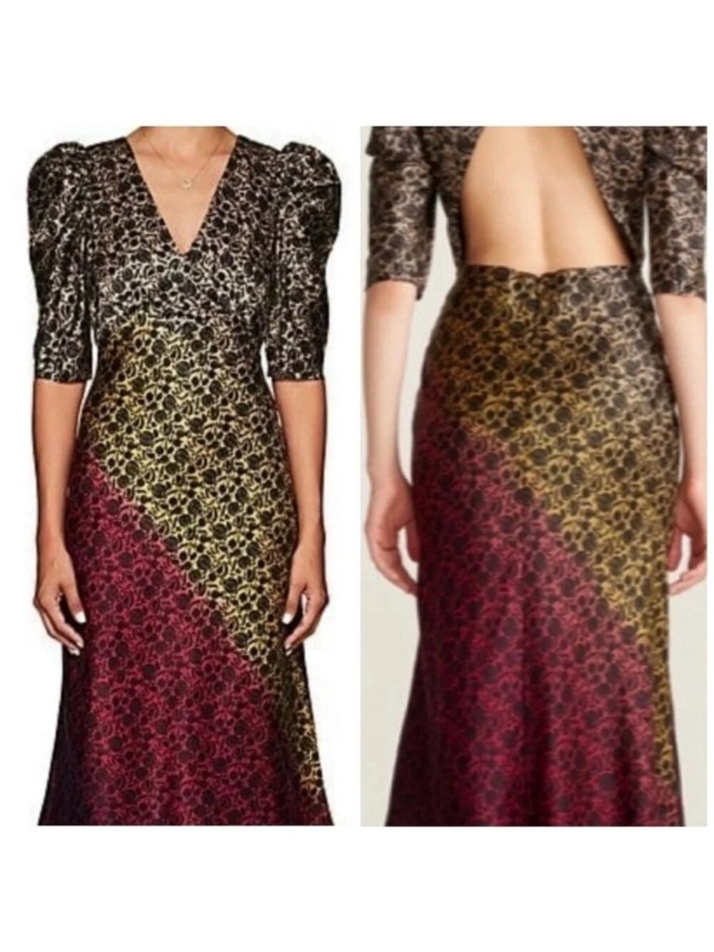 Saloni Colette Silk Midi Dress Floral Gradient Puff Sleeve V-Neck Ombre Size 4
